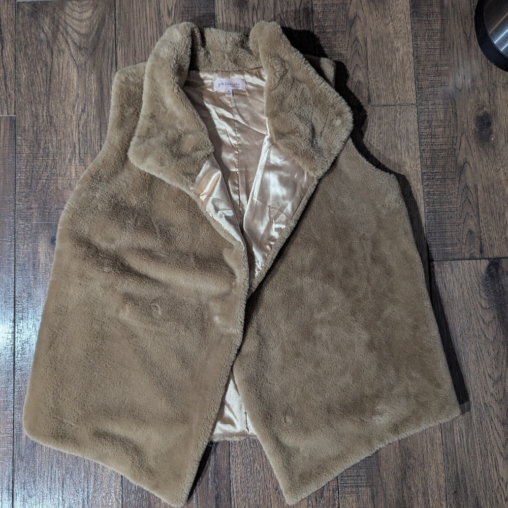 Philosophy Camel Tan Faux Fur Open Cascade Collared Chic Vest Satin Lining XL